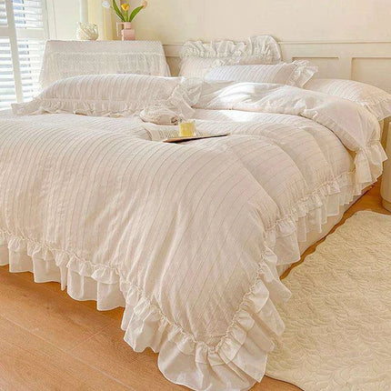 Elegant 4-Piece French Vintage Plaid Cotton Bedding Set with Ruffled Duvet Cover and Bed Skirt