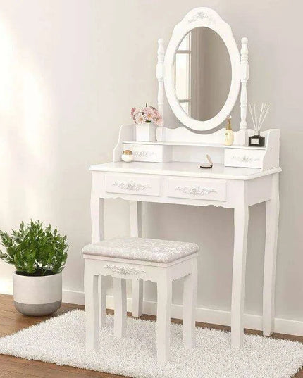 Chic White Vanity Set with Adjustable Mirror and Ample Storage Drawers
