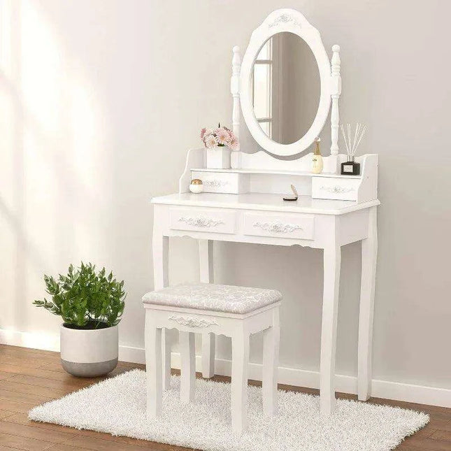 Chic White Vanity Set with Adjustable Mirror and Ample Storage Drawers
