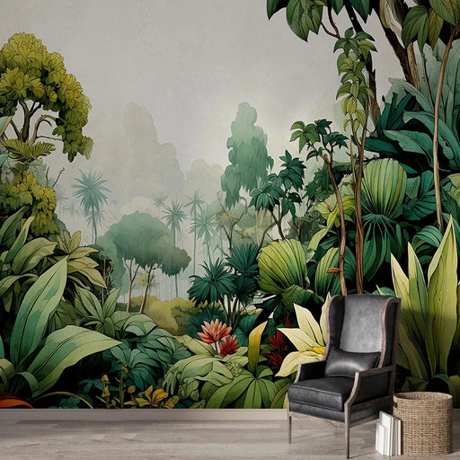 Tropical Rainforest Oasis Hand-Painted Wallpaper Art