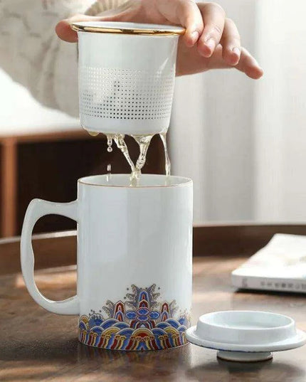 Elegant White Ceramic Tea Infuser Mug with Built-in Strainer and Lid for Ideal Tea Brewing Experience