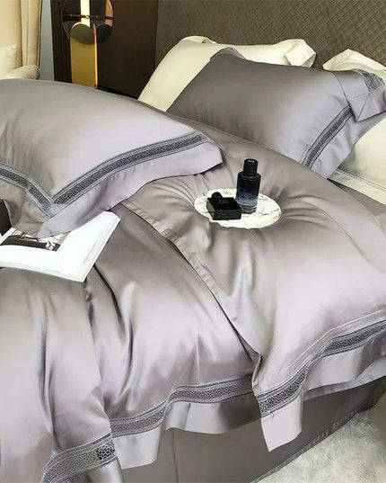 Sumptuous 1000TC Egyptian Cotton Bedding Ensemble with Elegant Hollow Lace - Duvet Cover, Flat & Fitted Sheets, Pillowcases for Queen & King Beds