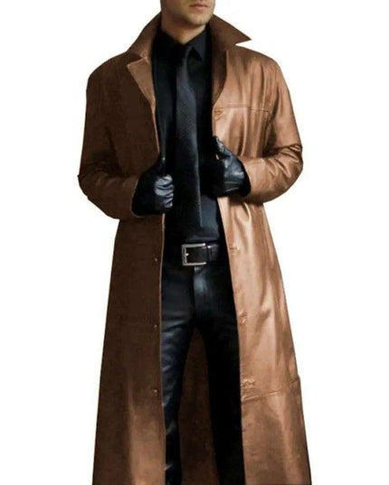 Men's Stylish Gothic Black Faux Leather Long Coat - Chic Winter Essential with Lapel Detailing