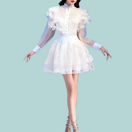 Elegant Pearl Flower Lace High Waist Mesh Dress with Stand Collar for Women