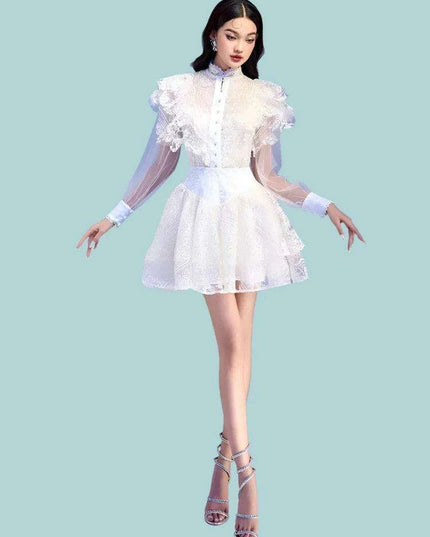 Elegant Pearl Flower Lace High Waist Mesh Dress with Stand Collar for Women