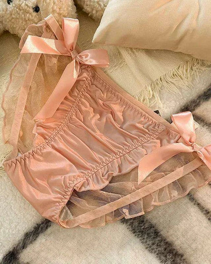 Charming Princess-Inspired Satin Lace Bow Women's Panties - Soft Ruffled Mesh Underwear for All-Day Comfort