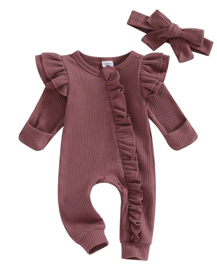 Autumn Ruffled Baby Girl Jumpsuit with Matching Bow Headband - Cozy Solid Color Romper for Newborns 0-12 Months