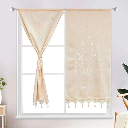 Cotton Kitchen Curtain with Hollow Design and Fun Tassel Trim - 01 panel