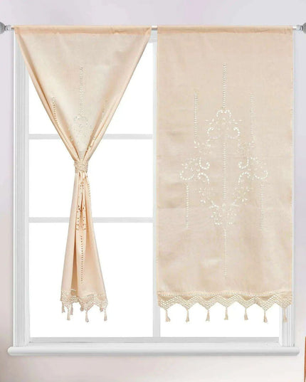 Cotton Kitchen Curtain with Hollow Design and Fun Tassel Trim - 01 panel