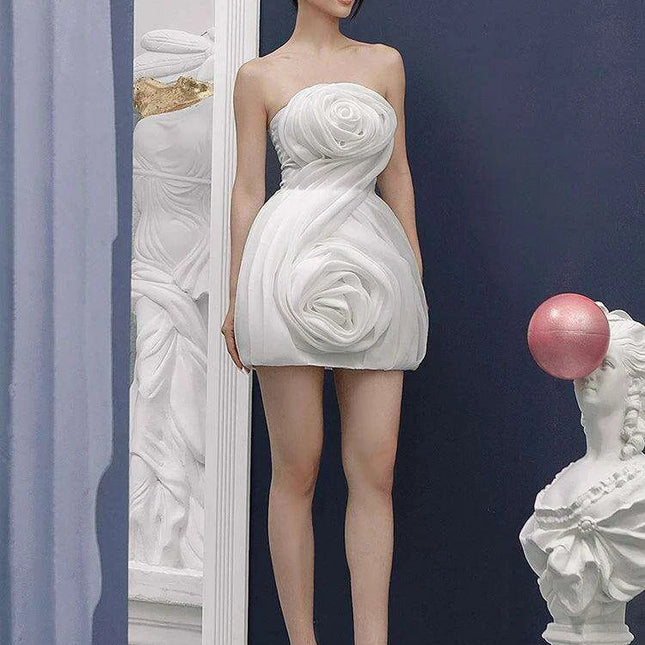 3D Floral Strapless Mini A-line Dress for Women – Slim Waist