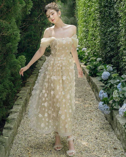 Off-Shoulder Floral Patchwork Evening Dress for Women