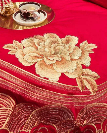 Luxury Red Chinese Wedding Duvet Cover Set with Elegant Golden Floral Embroidery and Premium Pillowcases