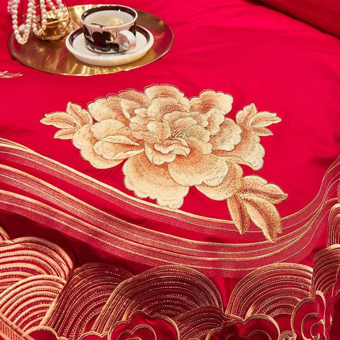 Luxury Red Chinese Wedding Duvet Cover Set with Elegant Golden Floral Embroidery and Premium Pillowcases