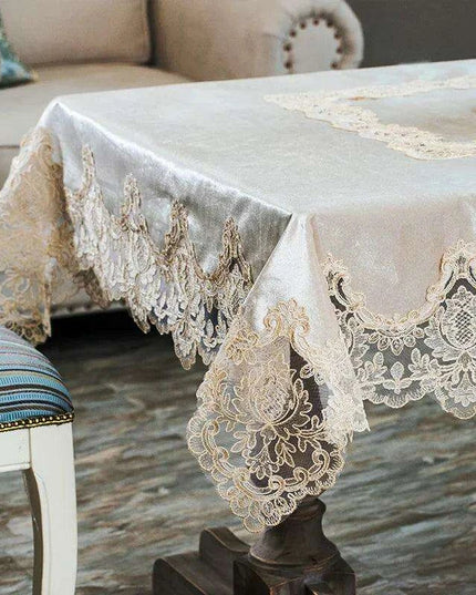 Elegant White Gold Velvet Tablecloth with Lace Accents - Sophisticated Dining Room Décor