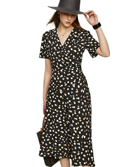 Elegant Chic Dot Print V-Neck Midi Dress for Women – Stylish Summer A-Line Chiffon Dress in White