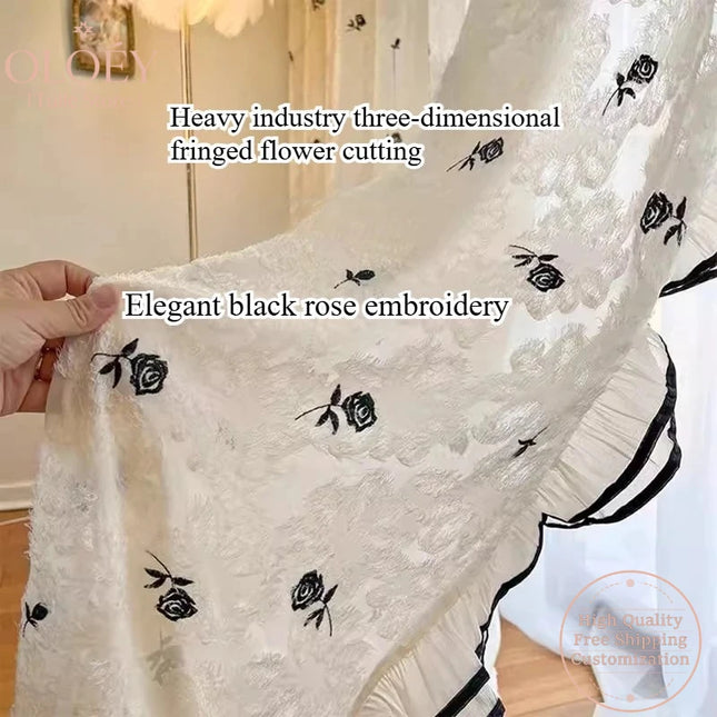 Black Rose Lace Sheer Curtain — French Romantic, 2 Patterns, 6 Sizes, 4 Headings