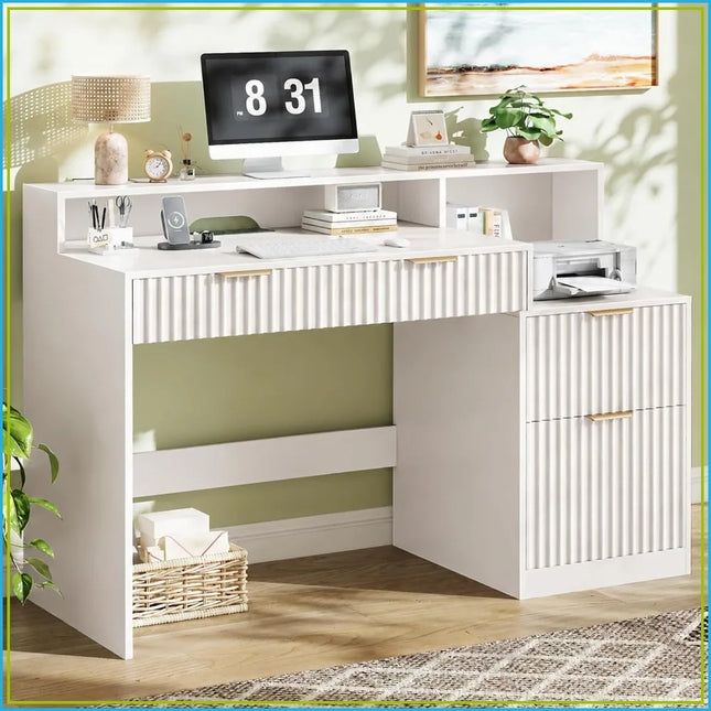 Fluted Computer Desk with Drawers, Power Outlets & Printer Stand | 50in | Natural Oak