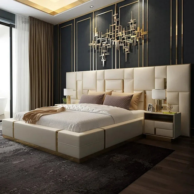 Leather Upholstered King Size Bed with Storage Nightstands — Style A & B