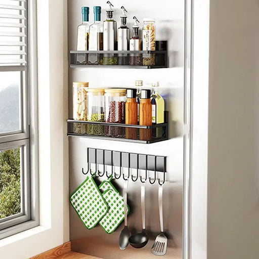 Magnetic Spice Rack with Hook Paper Towel Holder - Refrigerator Kitchen Storage Organizer Shelf