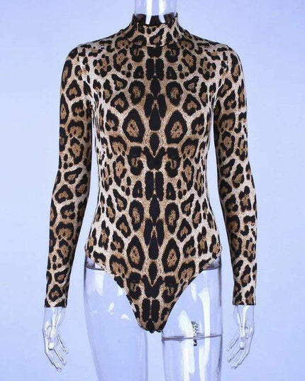Leopard Print Long Sleeve Turtleneck Bodysuit for Women with Gloves - Slim Bodycon Rave Outfit for Autumn