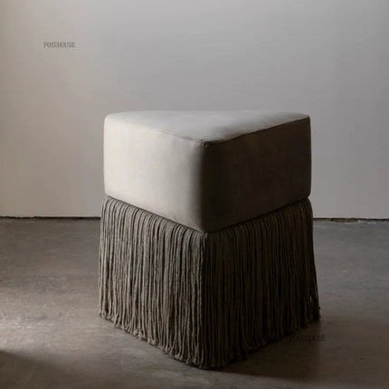 Velvet Ottoman Footstool — Upholstered Fringe Bench & Shoe Stool