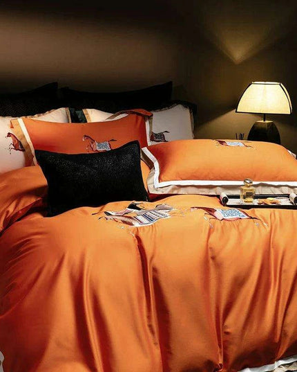 Elegant Galloping Horse Embroidered Egyptian Cotton Bedding Set in White and Orange - Complete Duvet Cover, Bed Sheet, and Pillowcase Collection