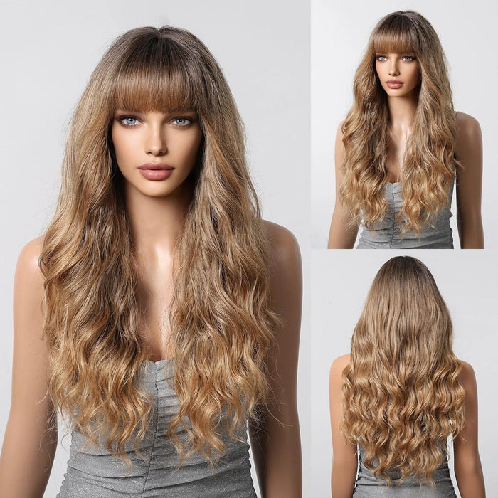 30-Inch Brown Wavy Synthetic Wig with Bangs - Perfect for Parties and Themed Events