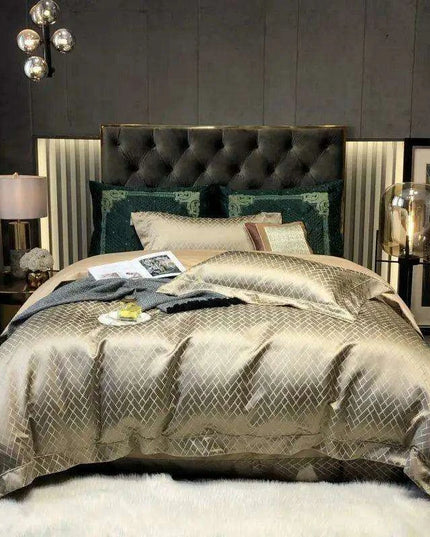 Luxurious Black and Gold Jacquard Egyptian Cotton Duvet Cover Set - 4/6 Piece Collection for Cal King and Queen Sizes with Sheets & Pillowcases