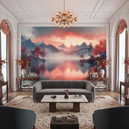 Mountain Lake Cherry Blossom 3D Mural Wallpaper