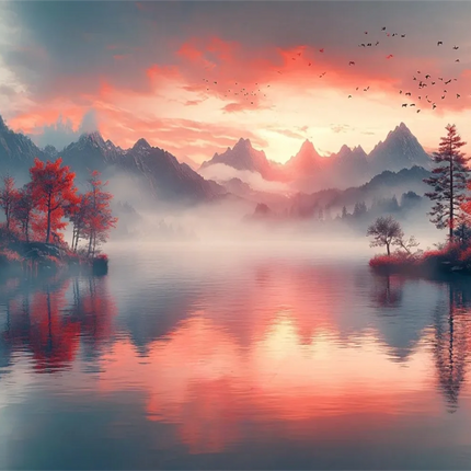 Mountain Lake Cherry Blossom 3D Mural Wallpaper