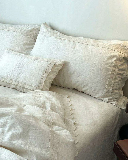 French Vintage Elegant Cotton Linen Lace Duvet Cover and Sheet Set - 4 Piece Collection