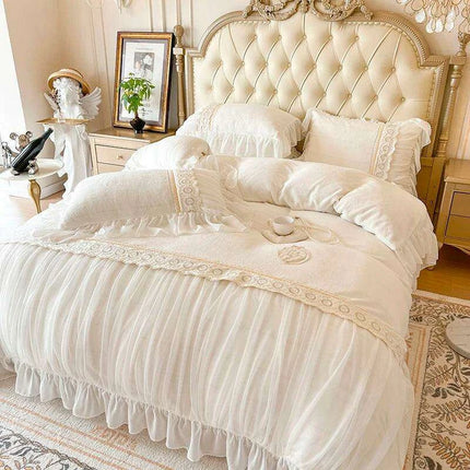 Luxury Velvet Fleece Princess Bedding Set with Elegant Lace Ruffles, Cozy Duvet Cover, Sheets, and Pillowcases