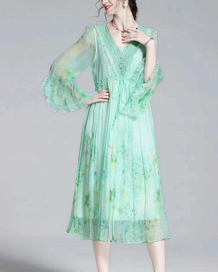 Chic V-neck A-line Dress in Luxurious French Silk with Flared Sleeves