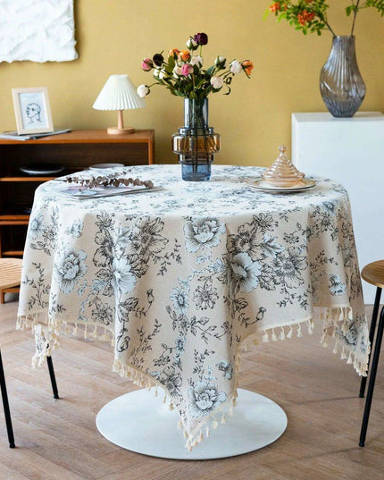 Chic Vintage Floral Cotton Linen Table Runner with Elegant Tassels