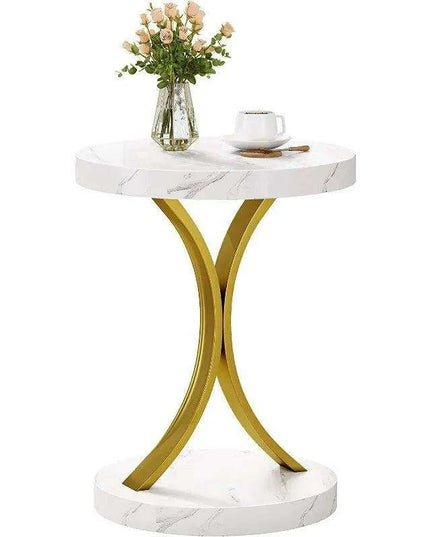 Chic Gold and White Faux Marble Side Table with Modern C-Frame Design