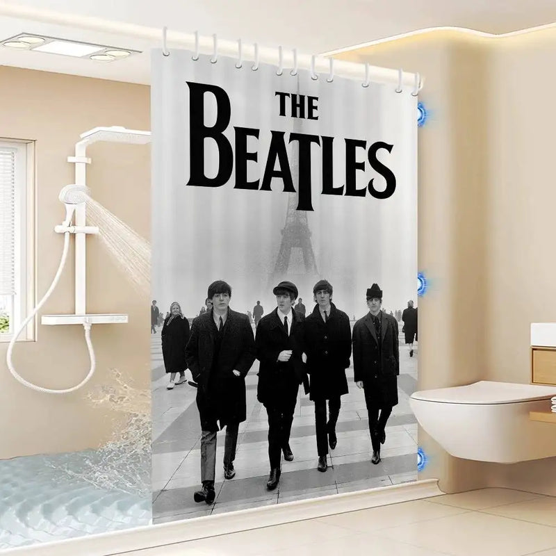 B-Beatles Rock Band Printed Shower Curtain with 12 Hooks