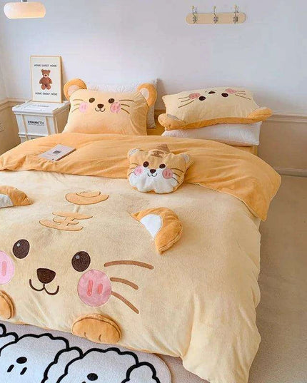 Adorable Cartoon Tiger Plush Kids Bedding Set - Cozy Winter Duvet Cover, Fleece Bed Sheet & Pillowcases