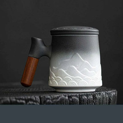 Handcrafted Vintage Porcelain Mug Set with Integrated Strainer