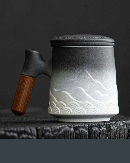 Handcrafted Vintage Porcelain Mug Set with Integrated Strainer