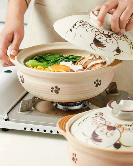 Elegant Japanese Cat-Themed Ceramic Stew Pot with Comfortable Double Ear Handles for Gourmet Cooking
