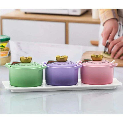 Sophisticated Ceramic Spice Organizer Set - Stew Cup, Oil Dispenser, and Sauce Holder