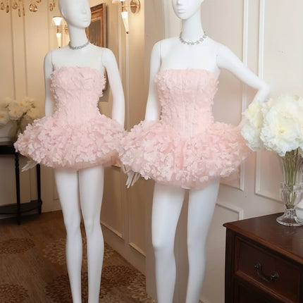 YP Luxury 3D Lace Strapless A-Line Green Pink Prom Dress with Puff Ski