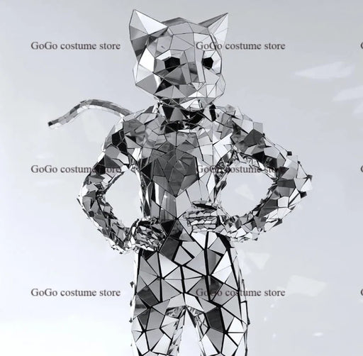 Silver Cat Head Mirror Jumpsuit for Cosplay and Music Festivals