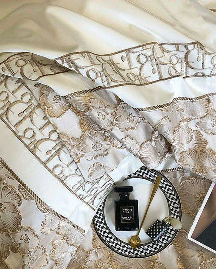 Exquisite Gold Jacquard Floral Duvet Cover Set - 1200TC Egyptian Cotton Bedding with Pillowcases