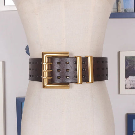 Two-Layer Cowhide Wide Belt with Bronze Buckle — 5.8cm Women’s Leather