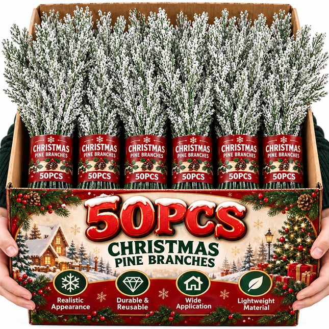 Snow-Flocked Artificial Pine Picks with Flexible Stems for Christmas Decor