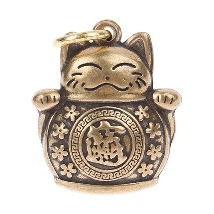 Lucky Fortune Cat Brass Keychain with Five Emperors Coin Charm