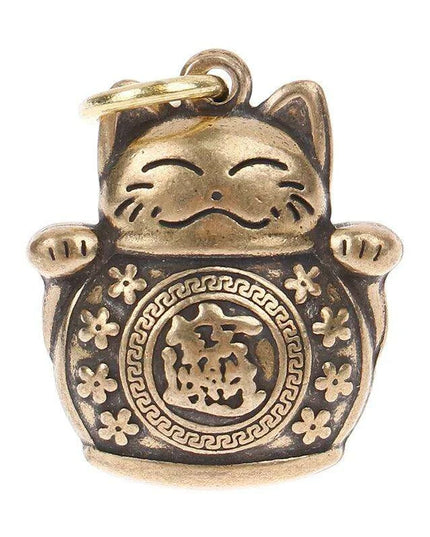 Lucky Fortune Cat Brass Keychain with Five Emperors Coin Charm