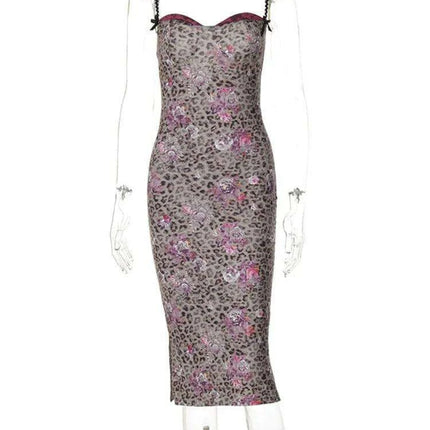 Leopard Print Bodycon Midi Dress with Spaghetti Straps and High Slit for Women