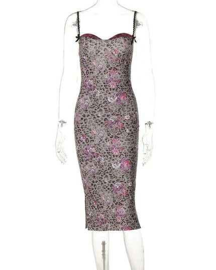 Leopard Print Bodycon Midi Dress with Spaghetti Straps and High Slit for Women